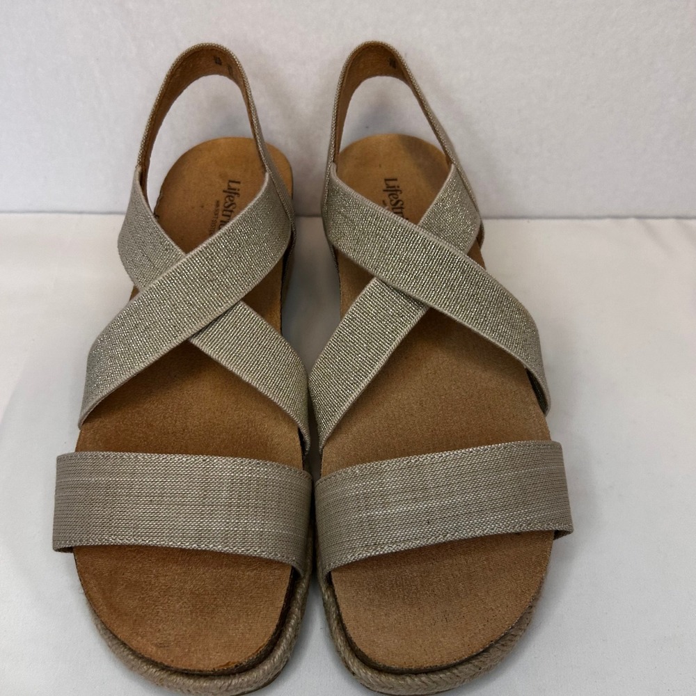 LifeStride Women's‎ Breeze Almond Milk Linen Espadrille Wedge Sandals Size 8M